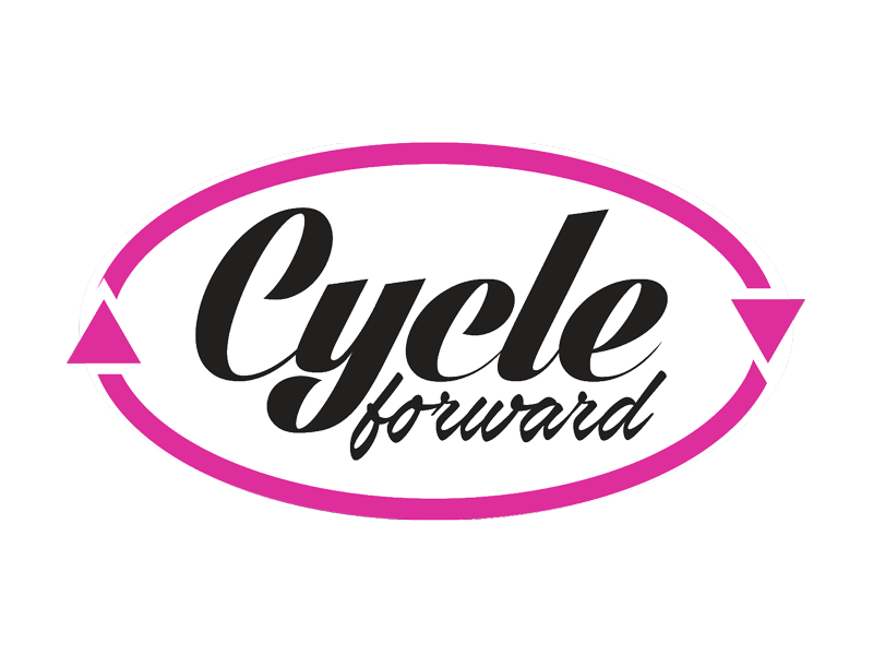 The logo is the text "Cyle forward" with pink arrows wrapping around it in a circle.