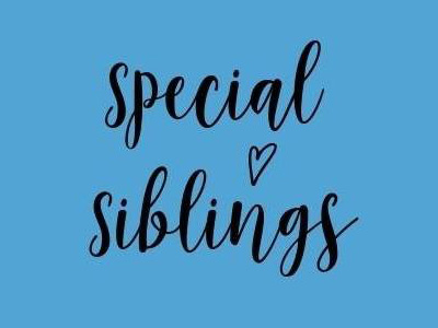 The logo is the words special siblings in cursive with a small heart between them.
