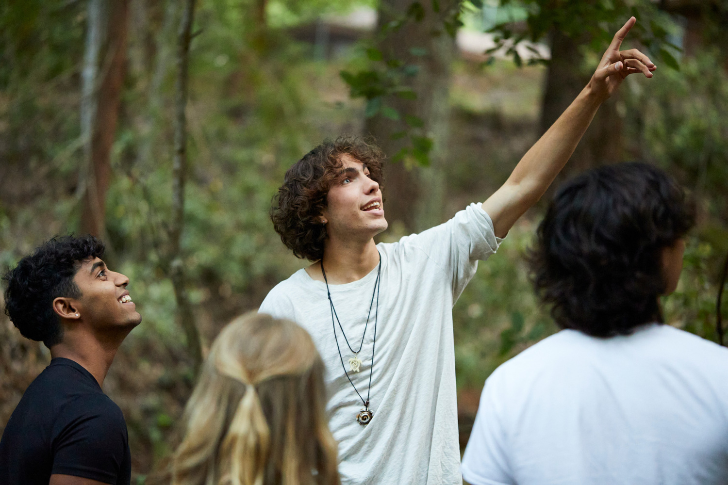 Julian Berkowitz-Sklar points to a tree to a group of students.
