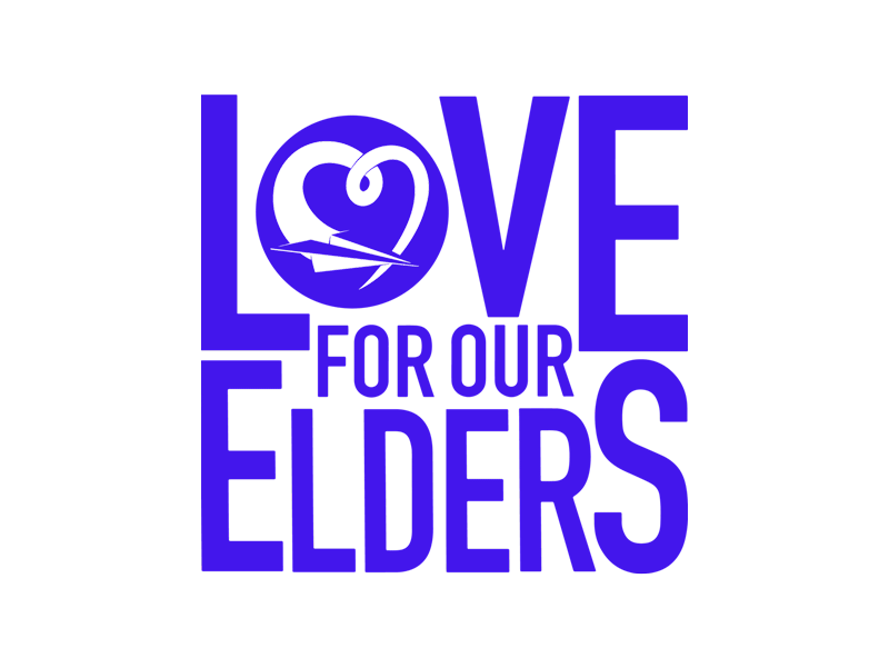 The logo is the words Love For Our Elders stacked on top of each other with a heart design in the middle of the "O" is Love.