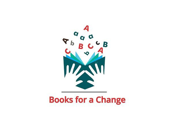 The logo is clip art with 2 hands holding a book with letters scattered above it and the words Books for a Change below it.