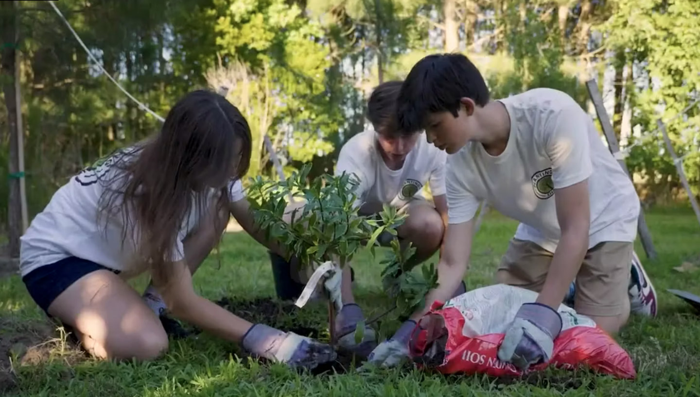 Three teens kneeling down planting a small tree.