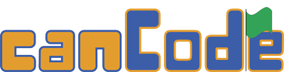 The cancode logo is gold and blue block letters with a green flag between two of the letters.