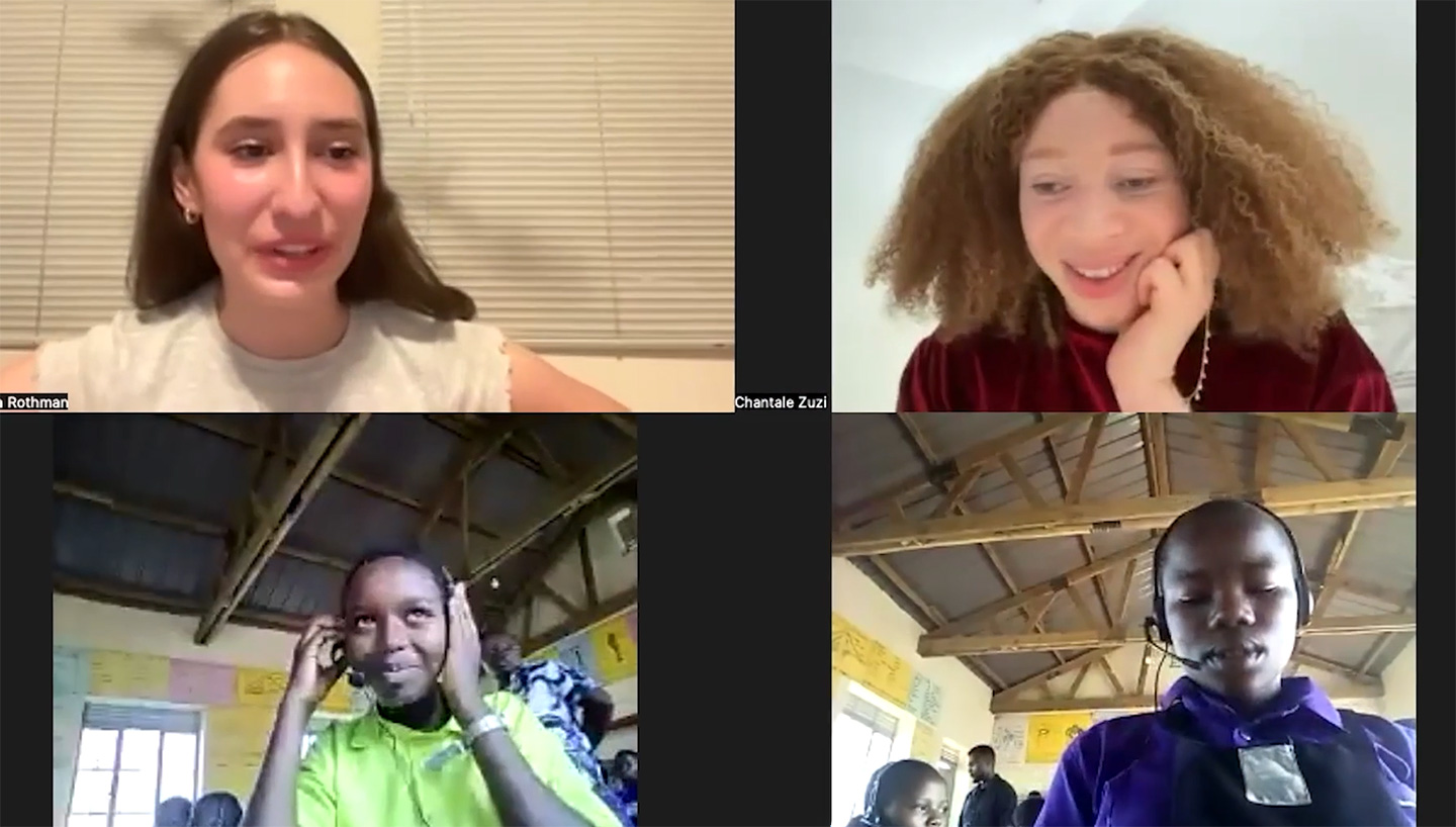 Screenshot of a video call with Sophia, her co-founder, and two children in Uganda